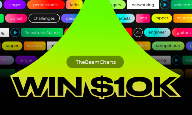 Promotional image for The Beam, a fan-powered music platform where artists compete in seasonal chart challenges and fans help them rise.